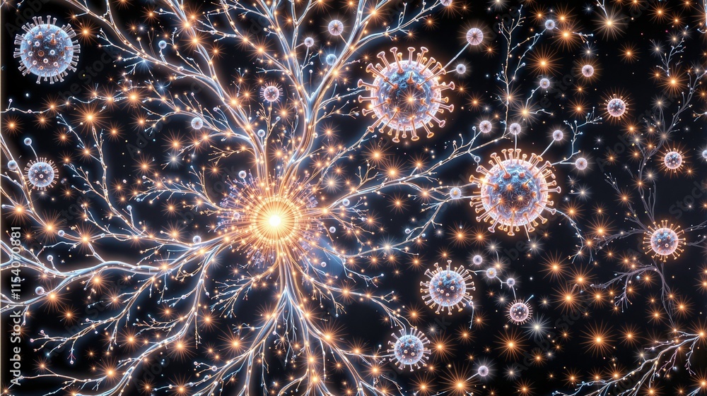 Intricate network of glowing virus particles connected by lines on a dark background Intricate network of glowing virus particles connected by lines on a dark background