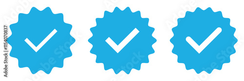 Social media account verification icons. Verified badge profile set. Isolated check mark on black, blue and white. Set of blue check mark badge icons. Profile verification icons.