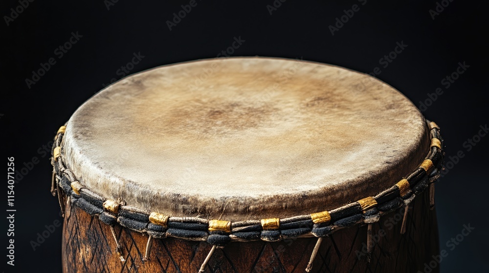 Obraz premium Round wooden drum with a worn leather top on a dark background showcasing traditional musical instrument craftsmanship