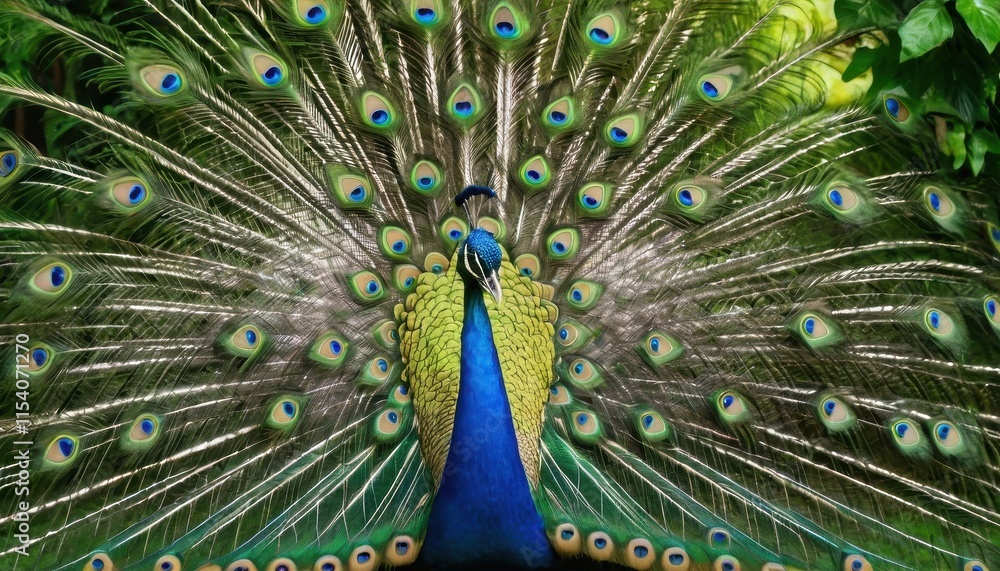 Obraz premium A vibrant peacock in a sunlit garden, proudly showcasing its brilliant and colorful tail feathers, symbolizing grace, beauty, and nature’s artistry
