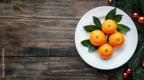Mandarynki symbolizujące Boże Narodzenie, ułożone na talerzu w stylowym układzie z g&oacute;ry, z drewnianym tłem i wolnym obszarem na napis lub projekt graficzny.