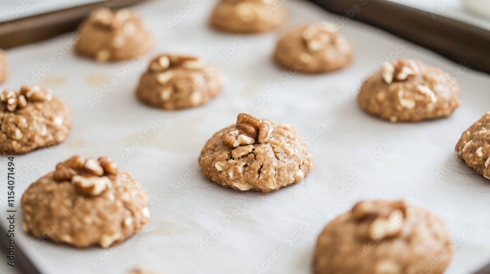 Honey walnut biscuits arranged on a baking sheet lined with parchment paper ready for the oven showcasing delicious homemade treats.