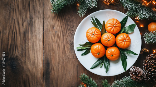 Mandarynki symbolizujące Boże Narodzenie, ułożone na talerzu w stylowym układzie z g&oacute;ry, z drewnianym tłem i wolnym obszarem na napis lub projekt graficzny.
