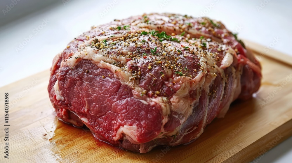 Fresh leg of lamb on a wooden cutting board seasoned with herbs ready for cooking on a neutral background Fresh leg of lamb on a wooden cutting board seasoned with herbs ready for cooking on a neutral background