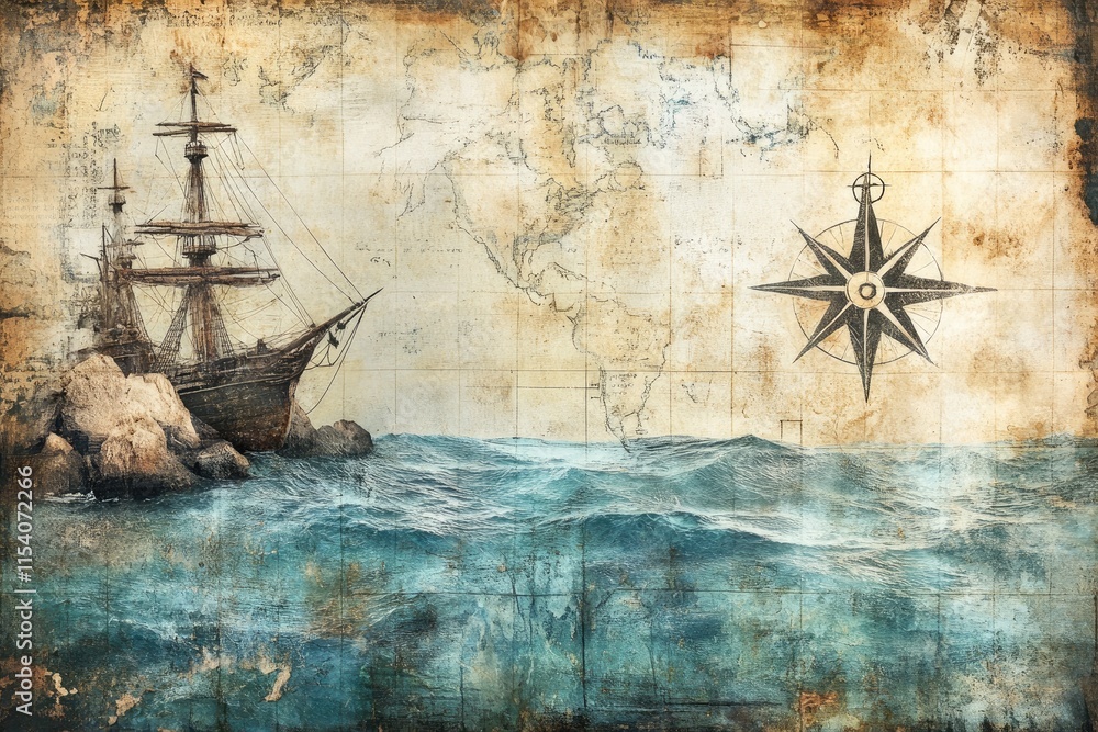 custom made wallpaper toronto digitalAntique Ship Sailing Amidst Ocean Waves and a Vintage Map