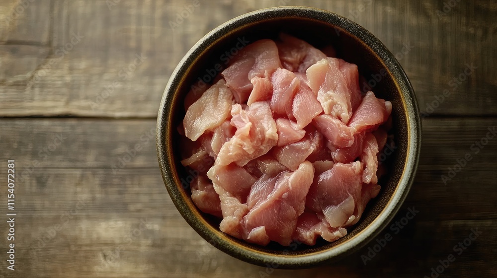 Fresh raw chicken pieces in a ceramic bowl on rustic wooden table ready for cooking and preparation in the kitchen. Fresh raw chicken pieces in a ceramic bowl on rustic wooden table ready for cooking and preparation in the kitchen.