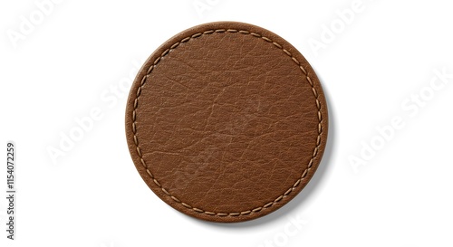 High-quality realistic patch mockup featuring natural grain and stitching on a circular leather patch, white background cut out