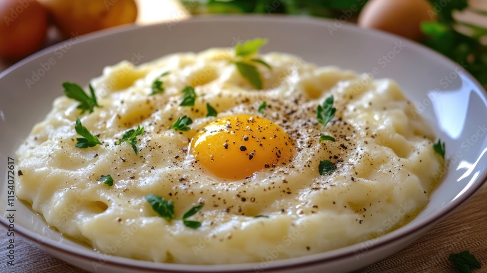 Creamy potato gnocchi topped with a raw egg yolk, garnished with herbs and pepper, representing traditional Italian cuisine. Creamy potato gnocchi topped with a raw egg yolk, garnished with herbs and pepper, representing traditional Italian cuisine.