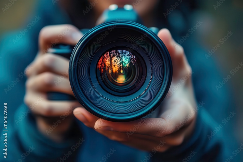 Close-up of Hands Holding a Camera Lens Showcasing Colorful Reflections in the Glass. Generative AI