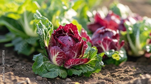 Round red chicory plants thriving in a cold countryside garden with vibrant foliage and rich colors on a sunny day. photo