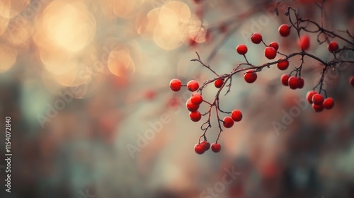 Ripening rowanberries on a branch with a blurred bokeh background enhancing the warm autumn atmosphere and colors.