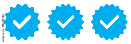 Social media account verification icons. Verified badge profile set. Isolated check mark on black, blue and white. Set of blue check mark badge icons. Profile verification icons.
