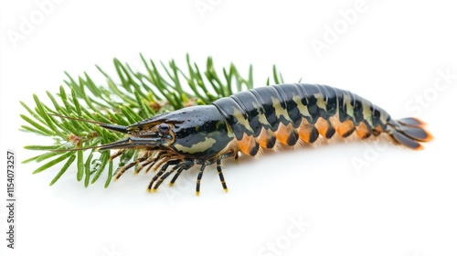 Raw black tiger shrimp elegantly displayed with fresh greenery on a white background highlighting its unique coloration and texture. photo