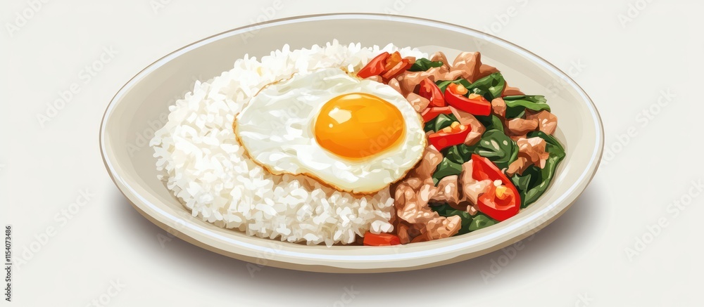 Delicious stir fried pork with basil served on rice alongside a perfectly fried egg for a hearty meal Delicious stir fried pork with basil served on rice alongside a perfectly fried egg for a hearty meal