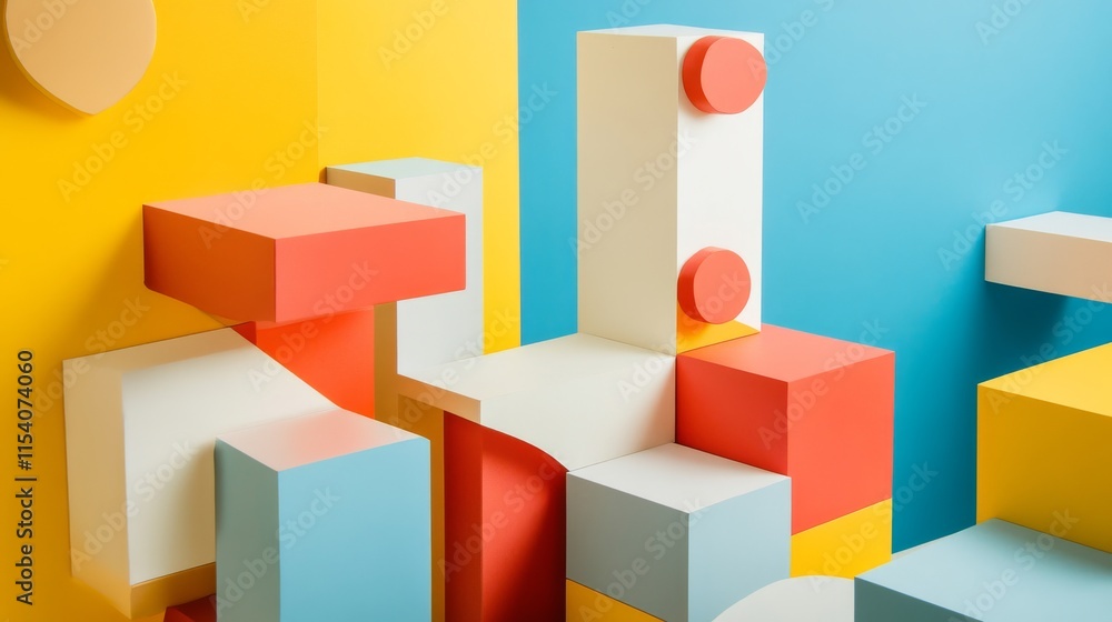 An abstract block-building setup with geometric patterns, Contemporary construction style, photo of An abstract block-building setup with geometric patterns, Contemporary construction style, photo of