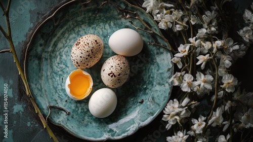 Freshly collected quail and chicken eggs on a vintage plate surrounded by delicate spring blossoms and natural textures photo