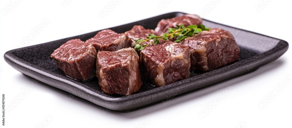 Succulent roasted beef steaks garnished with herbs on a sleek black ceramic plate against a clean white backdrop showcasing gourmet presentation Succulent roasted beef steaks garnished with herbs on a sleek black ceramic plate against a clean white backdrop showcasing gourmet presentation