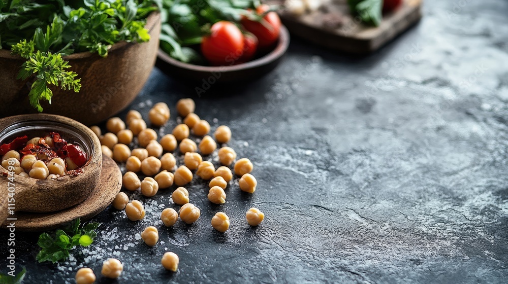 Raw chickpeas scattered on a dark table with fresh herbs and vegetables creating a wholesome cooking background. Raw chickpeas scattered on a dark table with fresh herbs and vegetables creating a wholesome cooking background.