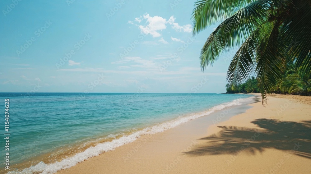 Obraz premium Serene Tropical Beach with Palm Trees and Calm Turquoise Water