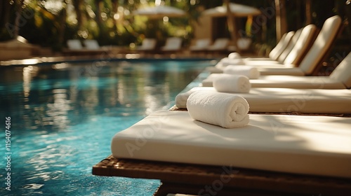 Rolled towels on lounge chairs by a resort pool.