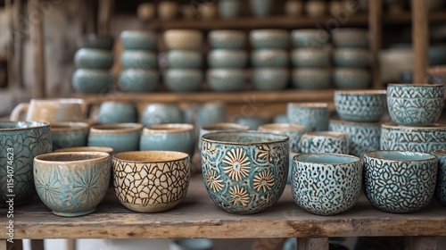 Ceramic studio cups bowls featuring intricate underglaze designs and wax resist surface treatments Pots are about to be fired in a wood kiln anticipating unpredictable ash effects photo