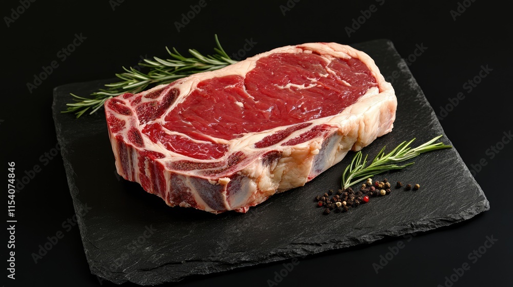 Raw Ribeye Steak with Fresh Herbs and Seasonings on Dark Slate Background Ready for Cooking and Culinary Presentation Raw Ribeye Steak with Fresh Herbs and Seasonings on Dark Slate Background Ready for Cooking and Culinary Presentation