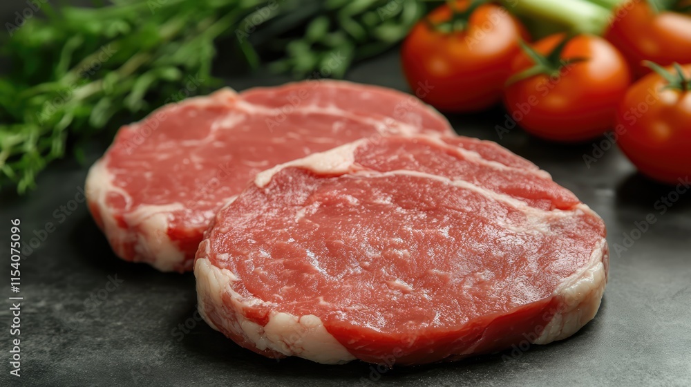 Fresh raw beef cutlets with vibrant vegetables on a dark stone surface ready for cooking and meal preparation Fresh raw beef cutlets with vibrant vegetables on a dark stone surface ready for cooking and meal preparation