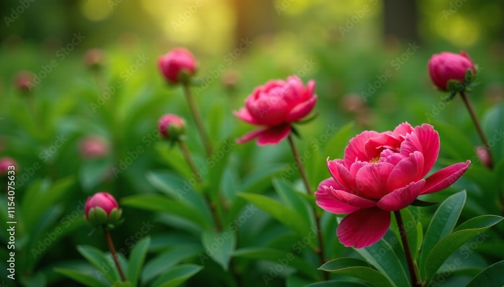 Delicate red peony blooms amidst lush green foliage, floral, spring Delicate red peony blooms amidst lush green foliage, floral, spring