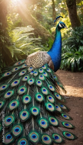 Wallpaper Mural An exquisite peacock with radiant feathers fully displayed, blending perfectly with the serene garden ambiance and lush greenery in the background Torontodigital.ca