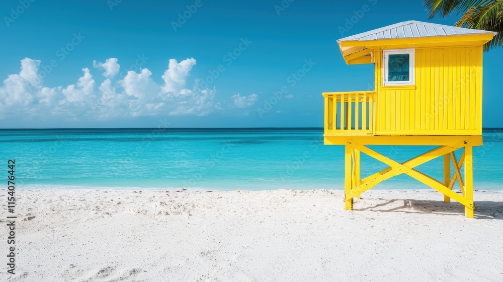 Bright Yellow Lifeguard Stand on Tropical Beach with Clear Blue Water Bright Yellow Lifeguard Stand on Tropical Beach with Clear Blue Water