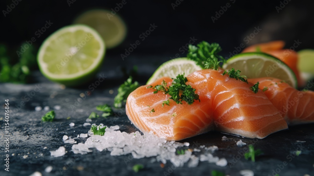 Fresh salmon fillet garnished with lime slices and parsley on a textured surface with salt and herbs for a vibrant culinary presentation Fresh salmon fillet garnished with lime slices and parsley on a textured surface with salt and herbs for a vibrant culinary presentation