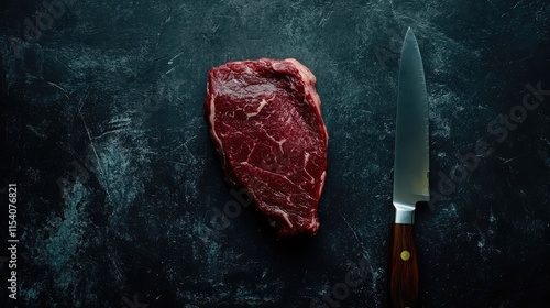 Raw marbled beef steak with a kitchen knife on a textured dark surface for culinary and food photography concepts. photo