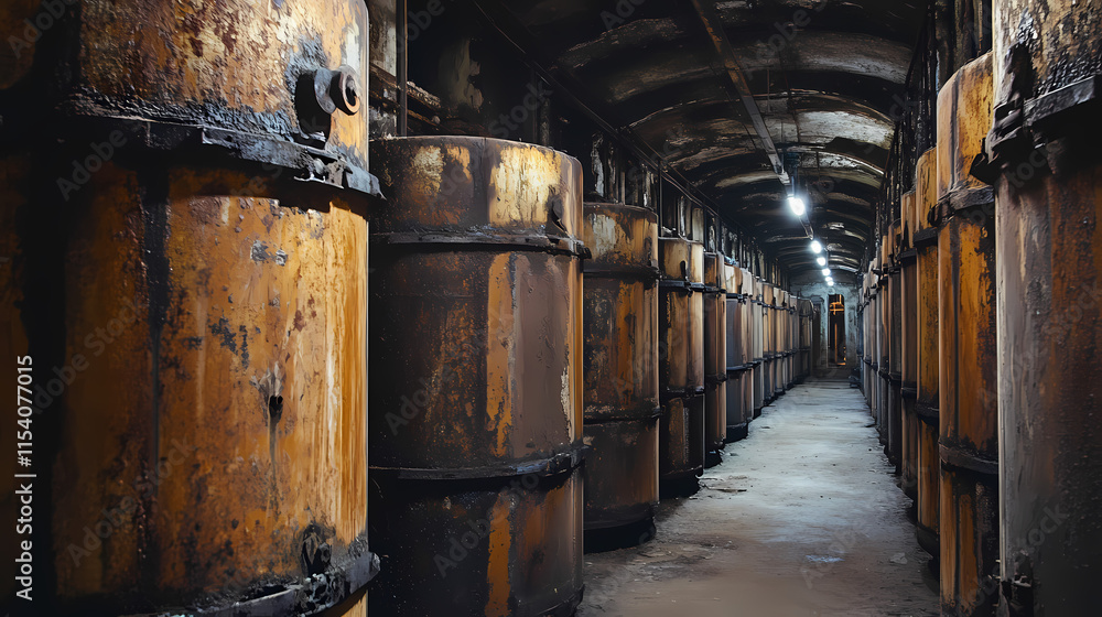 Rows of old rusty electrolytic cells or vats used in the zinc refining process within an abandoned dilapidated industrial factory environment. Galvanic. Illustration Rows of old rusty electrolytic cells or vats used in the zinc refining process within an abandoned dilapidated industrial factory environment. Galvanic. Illustration