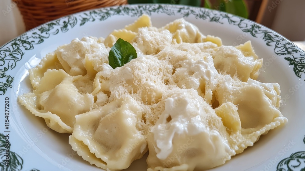 Delicious homemade cappelletti pasta stuffed with cheese topped with grated cheese and fresh basil served on an elegant plate