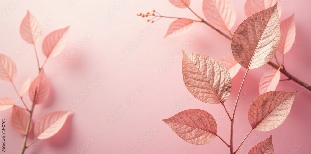 Fototapeta premium A delicate rose gold leaf motif against a soft blush pink backdrop, vintage, metallic