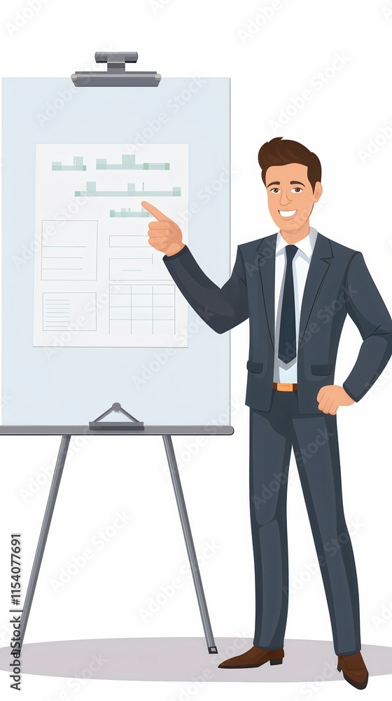 Man in Suit Assembles Presentation Board in Office Atmosphere With Animated Illustration Style and Clear White Background. Generative AI Man in Suit Assembles Presentation Board in Office Atmosphere With Animated Illustration Style and Clear White Background. Generative AI