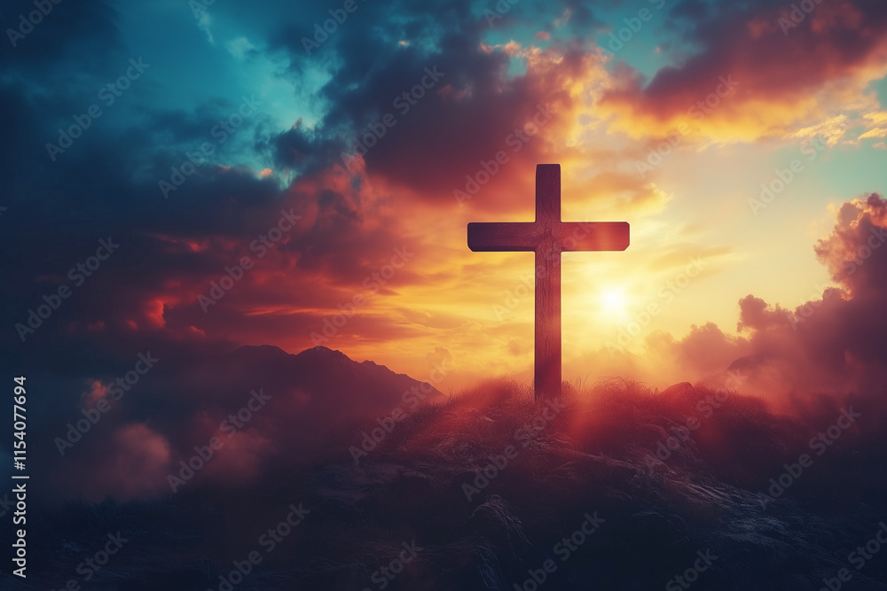 Dramatic Christian Cross at Sunset with Dark Clouds and Sunbeams Depicting Resurrection and Easter Spirituality Dramatic Christian Cross at Sunset with Dark Clouds and Sunbeams Depicting Resurrection and Easter Spirituality