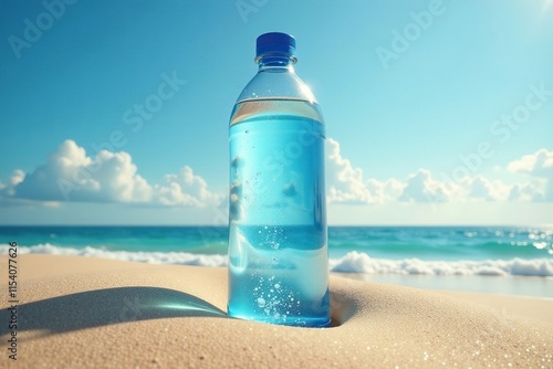 A giant water bottle rises from the sand like a mirage, dreamlike, misty photo