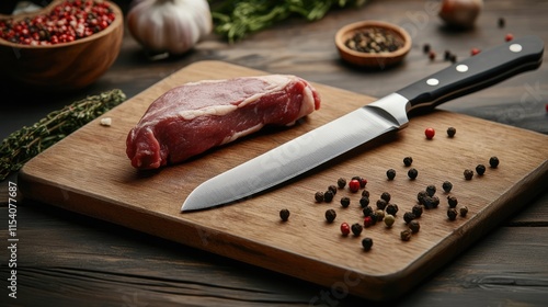 Raw meat on wooden cutting board surrounded by spices and knife in rustic kitchen setting ideal for culinary or food preparation themes photo