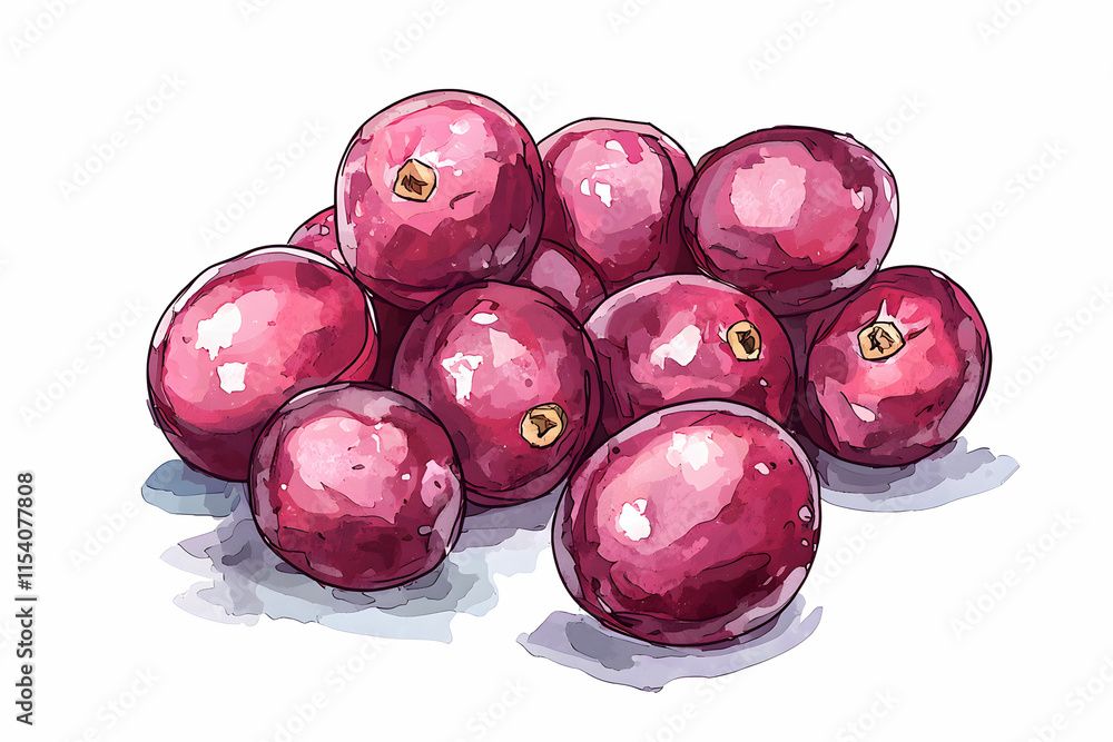 Fresh Juicy Cranberries Piled Together on a White Background with Watercolor Style Illustration