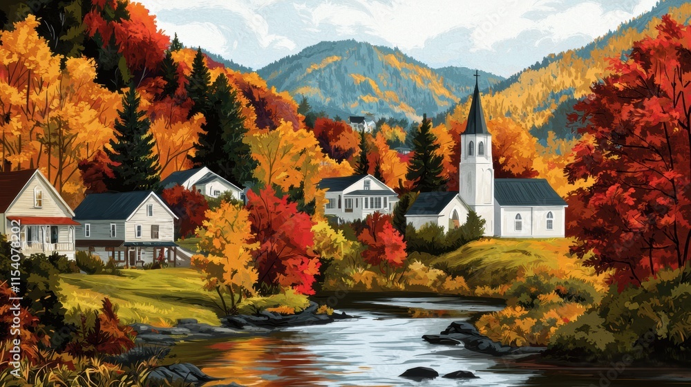 Fototapeta premium Autumn Scenic View of Village by River with Colorful Foliage