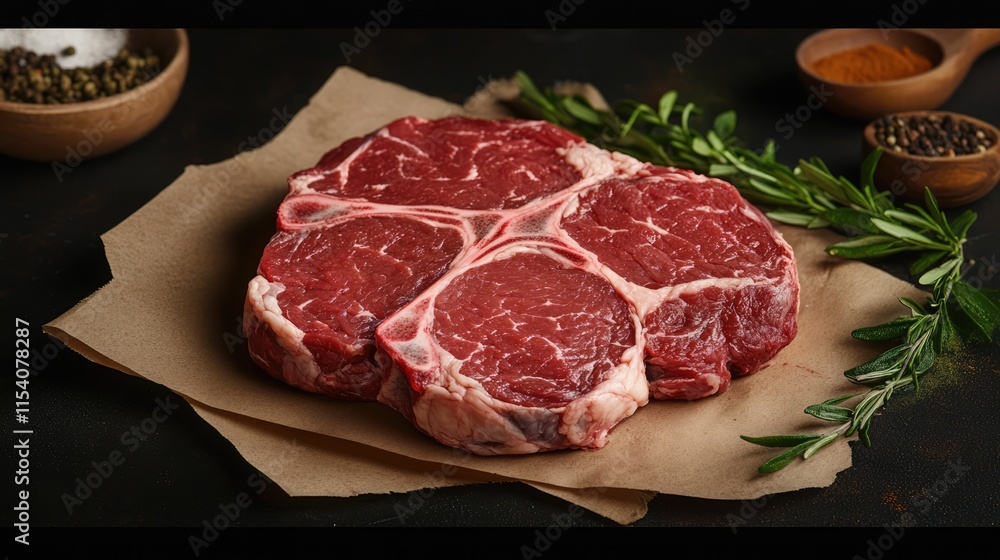 Beef steaks arranged with fresh herbs and spices on a rustic kitchen counter background ready for cooking or grilling Beef steaks arranged with fresh herbs and spices on a rustic kitchen counter background ready for cooking or grilling