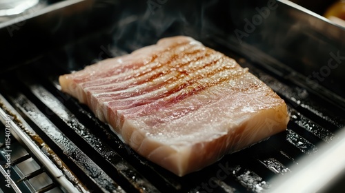 Freshly prepared shark steak sizzling on a grill with enticing smoky aroma creating an appetite for gourmet seafood dishes photo