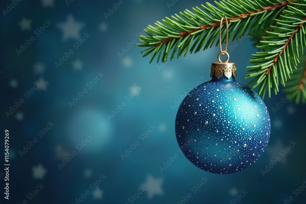 Fototapeta premium Ornaments in shades of blue and silver hanging from a sprig of evergreen, refined, shimmering