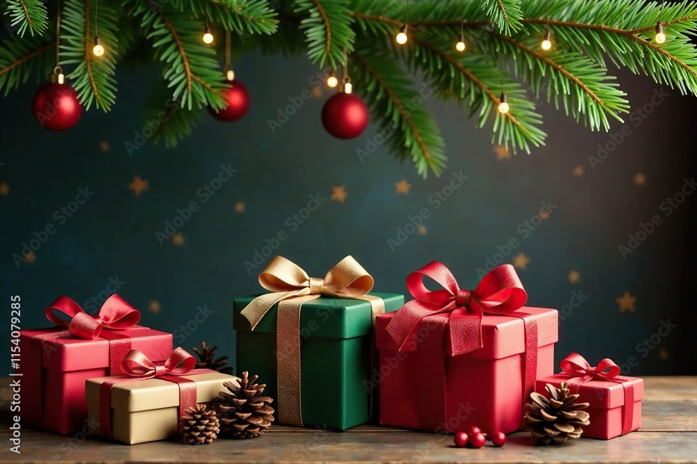 Gift boxes and ribbons under a mistletoe hang, pinecones, festive decorations, holly leaves Gift boxes and ribbons under a mistletoe hang, pinecones, festive decorations, holly leaves