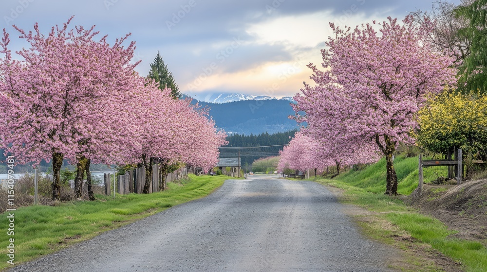 Springtime Cherry Blossom Landscape with Pink Trees Lining Scenic Rural Road under Soft Cloudy Sky Springtime Cherry Blossom Landscape with Pink Trees Lining Scenic Rural Road under Soft Cloudy Sky