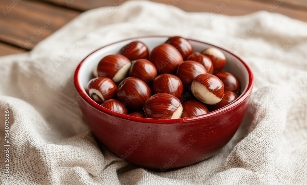 Bowl of Glossy Brown Nuts on Natural Fabric Surface Bowl of Glossy Brown Nuts on Natural Fabric Surface