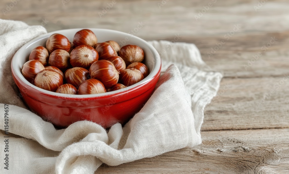 Fototapeta premium Fresh Hazelnuts in a Red Bowl on a Rustic Wooden Table
