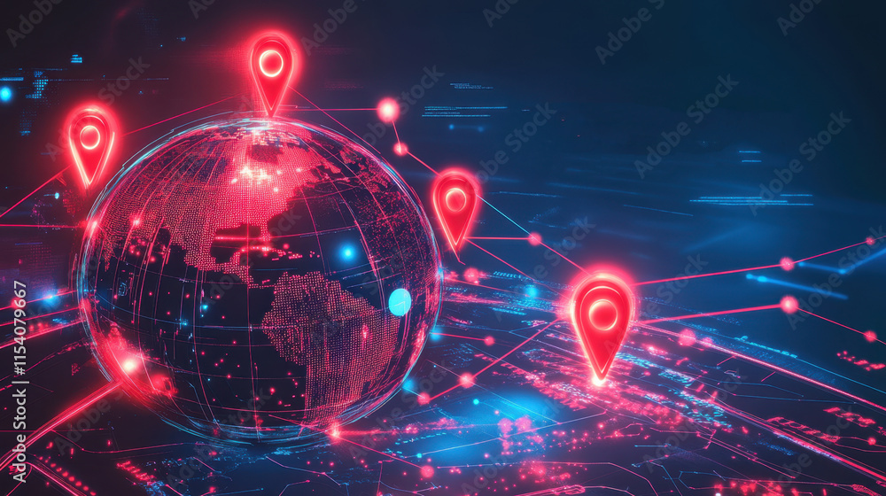 3D globe with red pins marking locations around the world 3D globe with red pins marking locations around the world