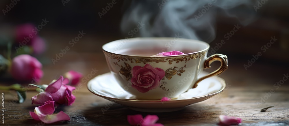 Fototapeta premium Vintage porcelain tea cup with steaming rose tea surrounded by fresh rose petals on rustic wooden background